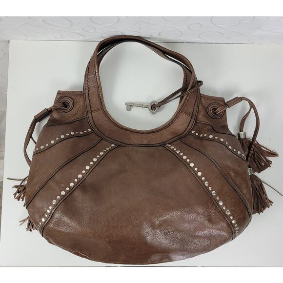 Fossil Fifty Four Womens Shoulder Bag Brown Leather Tassels Studded Hobo Western - Picture 8 of 13
